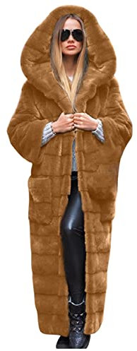 Azruma Pelzmantel Damen Steppmantel Damen Gefütterte Regenjacke Damen Winterjacke Echtfell Damen Frauen Warm Faux Pelz Lang Mantel Mit Kunstfellkapuze Verdickene Fellmantel Mit Tasche (Kaffee, L)