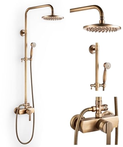 Colonne de Douche Rétro avec Mitigeur Ensemble de Douche Laiton Antique Système de Douche Mural Mitigeur de Douche Set Réglable Hauteur 70 à 120 cm, avec Douchette et Pommeau de Douche 8''