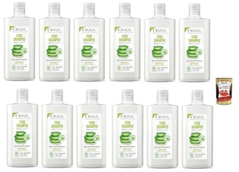 Omia, Fisio Eco Bio Shampoo, Mit Aloe Vera, für normale Haare, Feuchtigkeit und Balancing, geeignet für häufige Verwendung, ohne Silikone, 12x 200 ml + Italian Gourmet polpa 400g