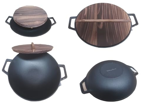 Vintage Gourmet ® Authentic Pre-Seasoned 35cm Diameter Cast Iron Large Deep Wok with Two Integral Handles, Flat Bottom Overall 42cm Wide -Versatile Cookware Complete with Sealed Wooden Lid Best Taste