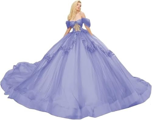 TSxuelian Vestidos de quinceañera con hombros descubiertos para mujer, con apliques de encaje, vestidos de baile de boda, Lila, 40