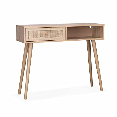 Alice's Home - Konsole mit Rattangeflecht 100 x 29 x 81 cm - 1 Lade mit Griff - 1 Stauraum, skandinavische Beine in Holzdekor, 12,2 kg