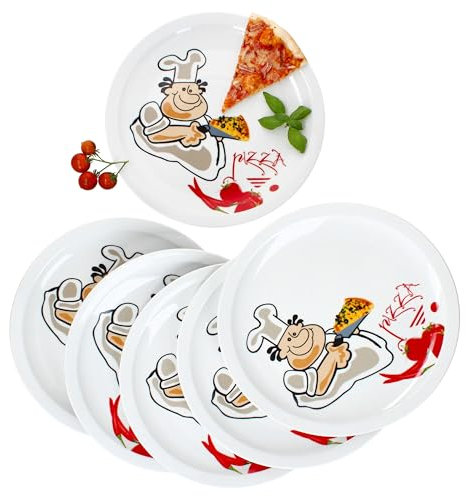 MamboCat 6er Set Alberto Pizzateller I Ø 30,5 cm I für 6 Personen I große Pizzateller mit Comic-Pizzabäcker aus Porzellan I XL-Speiseteller, Servierplatte