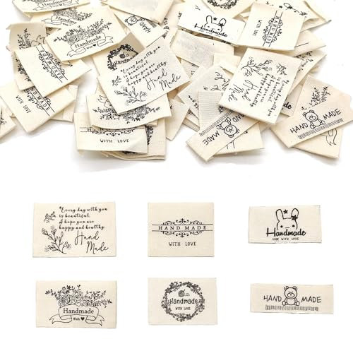 LIANCHEN 60 Pcs Handmade Label Zum Annähen Sprüche 6 Größen Stofflabel Groß Label Personalisiert zum Annähen Etykieta Tekstylna Handmade für Nähen, Kunsthandwerk, Stricken(Beige)