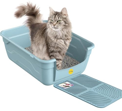 Cat Centre Katzenklo Offen Mit Hohem Rand Katzentoilette Ohne Deckel Mit Blauer Katzenstreu Matte Blau L 50 x 38,5 cm