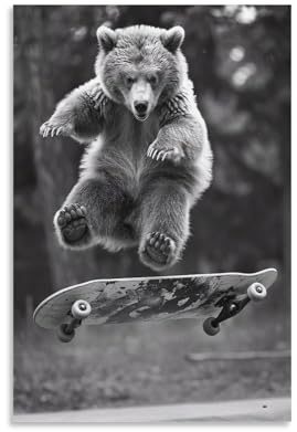 QZFNCOYU Bär auf Skateboard, abstraktes Retro-Kunst-Poster, Leinwand, Poster, Schlafzimmer, Dekoration, Landschaft, Büro, Raumdekoration, Geschenk, 30 x 45 cm