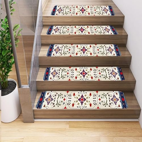 Surwin Stufenmatten rutschfest Treppenstufen Matten mit Klassiker Ethnostil, Weich Rechteckig Innen Stufenteppich Gummirücken Treppenteppich Stufenteppich Treppenmatten (Boho-Blume,10 Stück)
