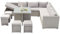 CONCEPT USINE | Salon de Jardin Samoa Encastrable 10 Places | Résine Tressée 4 Fils Gris Clair | Table Haute en Verre Trempé | Canapé d'angle Inclinable avec Coffre de Rangement | 4 Poufs et Coussins