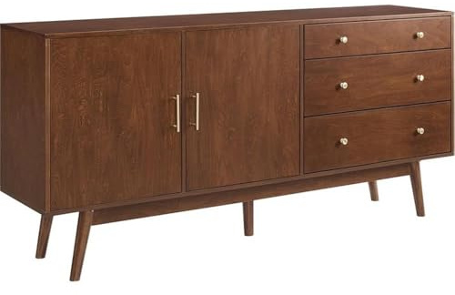 Pemberly Row 70 3-Drawer Mid-Century Engineered Wood Sideboard, Walnut Finish, Adjustable Shelves, Telescoping Metal Glides, Soft-Close Hinges, Tapered Legs, Kitchen, Living Room, Office Storage