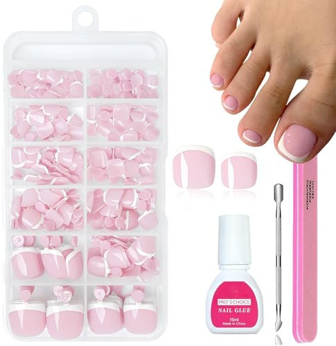 Fake Toe Nails Set,120PCS Short Square False Toenails Kit With Glue,Nude French Tip Stick On Toenails Glossy Full Cover Acrylic False Toe Nails For Women Girls Nail Art DIY Gift 12 Sizes