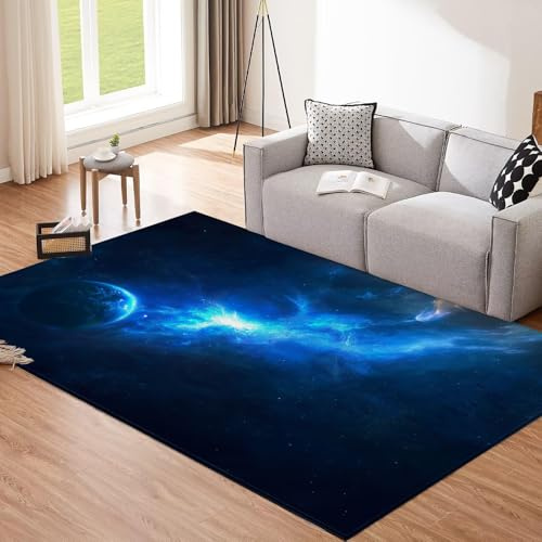 CEDNXOER Blau Teppich, 140x200cm Waschbare Große Wohnzimmer, Universum Milchstraße Teppiche für Schlafzimmer, Planet rutschfeste Low Pile Raumteppich für Küche Eingang Bad Kinderzimmer