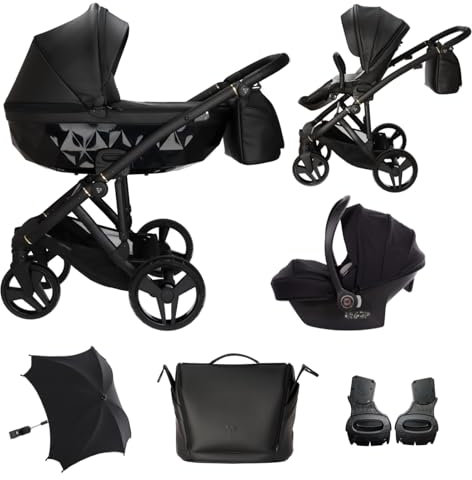 Junama Kinderwagen Diamond Classic 03 Schwarz - 2in1 3in1 4in1 + Sonnenschirm (3 in 1 mit Autositz)