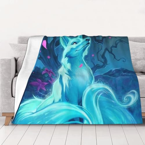 WSHFFILO Magic Blue Fox bedruckte Decke, 280 g, warm, Flanell, vier Jahreszeiten, warme Decke