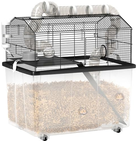 PawHut Cage pour Hamster, Cage pour Hamster avec Rampe, gamelle, Bouteille d'eau, système de tuyaux, 58 x 43 x 57 cm, Noir