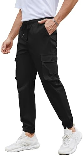 NANAMEEI Men's Cargo Trousers Stretch Work Pants Adjustable Drawstring Joggers Lightweight Hiking Trousers with Pockets