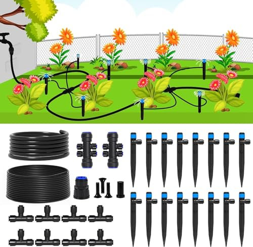 Kit de sistema de riego automático por goteo de conexión rápida, kit de riego de jardín de 36 pies con boquillas ajustables y aspersores para sistema de riego de invernadero, césped y plantas en