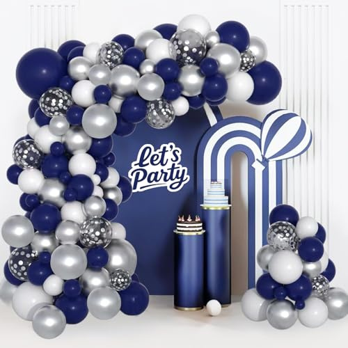 Navy Blue Balloon Arch Kit, 114pcs Blue White Silver Balloons Garland With Metallic Silver Confetti Balloon, Bluey Party Balloons for Birthday Baby Shower Graduation Prom Retirement Party Decoration