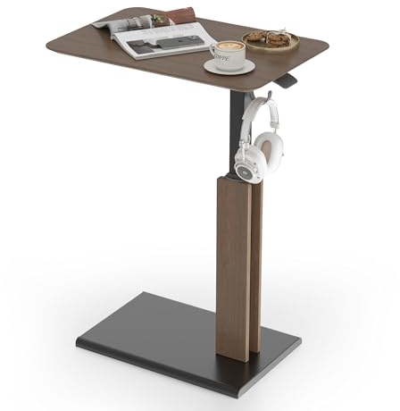 ETHU Höhenverstellbarer Beistelltisch mit Rollen, Pneumatischer Bett- und Pflegebett-Tisch (67-101 cm), Beistelltisch mit dünner Basis & Magnet-Haken für Sofa, Homeoffice, Belastung 20 kg, Nussbaum
