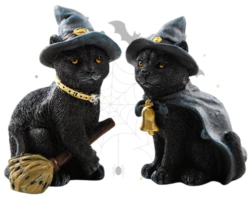 Logbuch-Verlag Hexenkatzen 2er-Set Schwarz Poly 6 cm – Halloween Figuren mit Hut & Besen Mini-Deko für Tisch, Regal & Fenster