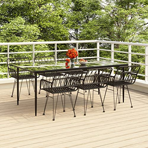 QJBSAVVA 7tlg Gartengarnitur 200x100 cm Schwarz Tisch und Stühle Set aus Poly Rattan mit Armlehne Modernes Design Robust und Langlebig für Balkon Terrasse und Garten