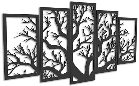 Kajaro Baum Wandbild Holz 5-teilig, 1200x600 mm, selbstklebend ohne Bohren | Gratis: zweites kleineres Bild. Selbstklebende Holz-Wanddeko in Metalloptik, einfache Montage ohne Bohren.