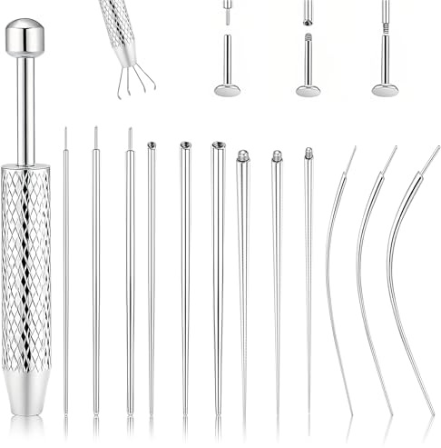 Piercing Kugelgreifwerkzeug für Schmuckersatz 14 G, 16 G, 18 G, 20 G, Edelstahl, flache Rückseite, Ohrring Applikator Werkzeug, Gewinde, Innengewinde, Außengewinde, Einführnadel Set für Ohr/Nase