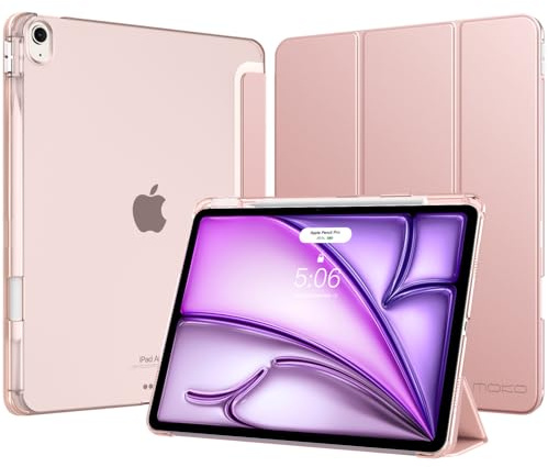 MoKo Funda para iPad Air 13 Pulgadas (M4/M3/M2) con Portalápices | para iPad Air 13 Funda 2026/2025/2024, Delgada con Soporte Trifold Cascara Traslúcida PC, Auto Activación/Reposo, Oro Rosa