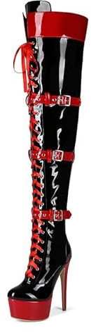 Veelau Meieer Stivali da donna Piattaforma Stiletto Stivali stringati Punk Moto sopra il ginocchio Laccato Stivali alla coscia