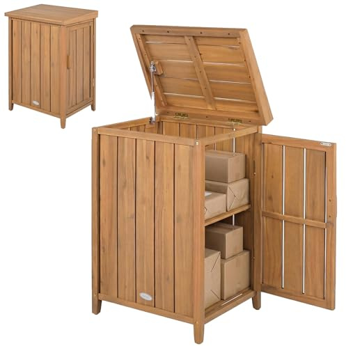 GYMAX Armadietto da Giardino in Legno Massello, Mobiletto Porta Attrezzi e Pacchi con Coperchio e Anta, Casetta Copri Bidone con Tetto Inclinato e Ripiano Rimovibile, per Esterno, Ingresso, Balcone