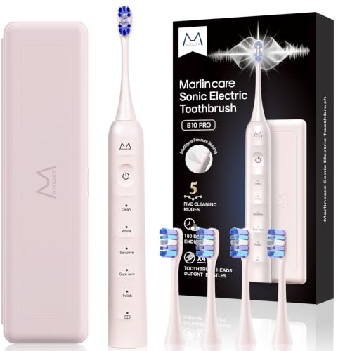 Marlincare Elektrische Zahnbürste, Schallzahnbürste mit 5 Putzmodi | Drucksensor, 48000VPM, 180 Tage Laufzeit, 4 Bürstenköpfen, Timer, Reisezahnbürste Elektrische mit Reiseetui (Rosa)