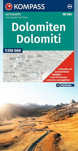 KOMPASS Autokarte und Panoramakarte Dolomiten / Dolomiti / Dolomites 1:150.000: mit Panorama, kulturelle und landschaftliche Highlights eingezeichnet