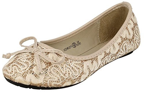 Cutie Lace Glitter Flat Ballerina / Bow Vamp (Nude, Size 12 Child UK)