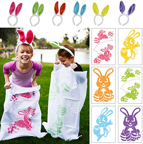 JOYIN 6 Sacos de Patatas para Carreras de Saltos 40 x 24 con Diademas con Orejas de Conejo, para Todas, Juego de búsqueda de Huevos de Pascua, Suministros para Fiestas, Juegos Familiares