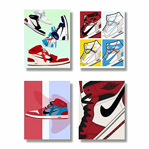 PoyBux Design,Air Jordan Wandkunst-Posterdrucke, 4er-Set (20.3x25.4 cm), ungerahmt, Air Jordan Raumdekoration, Turnschuhe, Leinwand, Kunst, Sport, Thema, Geschenk für Jungen, Sohn