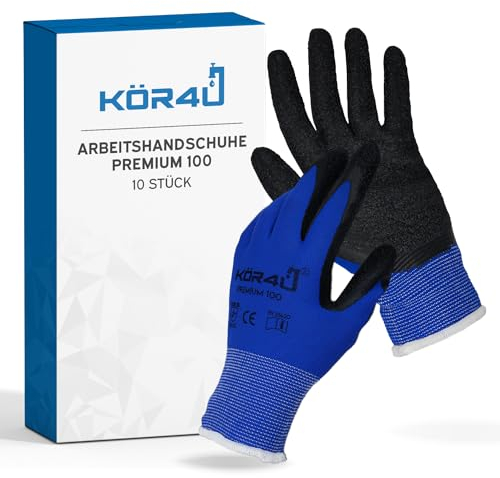 kör4u 10 Paar Arbeitshandschuhe Premium, atmungsaktiv und beschichtet, als Schutzhandschuhe geeignet, guter Grip, mit hochwertiger Latex-Beschichtung, hoch elastisch