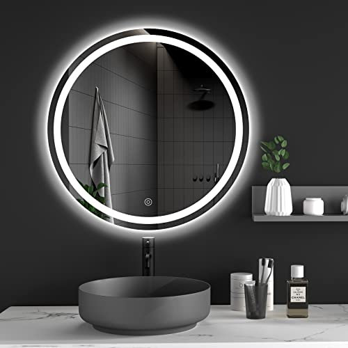 Dripex 500 mm Round LED Bathroom Mirror, Wall Mounted Circle Makeup Mirror with Cold White Light, Anti-Fog, Front+Backlit, IP44