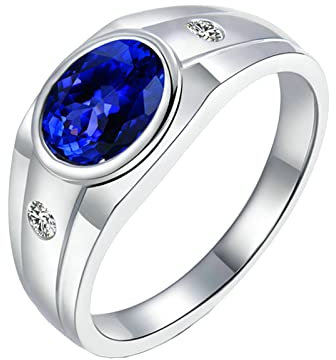 Tansanit Ring Weißgold 750, Ring Diamant Herren Verlobung Größe 50 (15.9) Herrenringe mit Tansanit 2 Karat