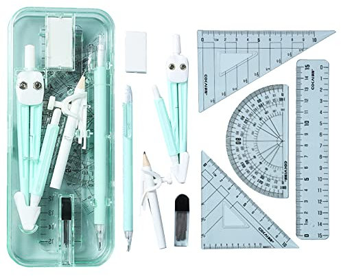 GZBABY Math Geometry Tool Set Student Supplies Drawing Compass 9 Pcs,Drafting Tools with Shatterproof Storage Box,Compass Geometry Set for Drafting and Drawings(Green)