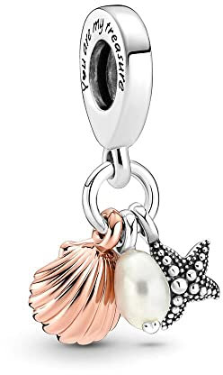 Charmes Perles de culture d'eau douce Starfish & Shell triple Hang pour Bracelets - Charms de Perles ajourées en Argent Sterling 925, charmes de Coeur d'amour pour Bracelets et Colliers pour Femmes