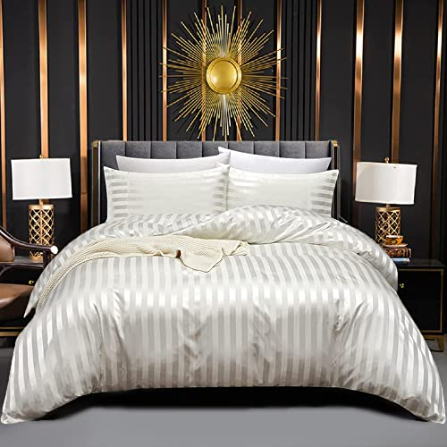 Luofanfei Satin Bettwäsche Beige 155x220 cm Weiß Glänzend Glanzsatin Bettbezug Set Glatt Luxus Gestreift Muster Uni Seidebettwäsche 155 220 und Kissenbezüge 80x80 cm mit Reissverschluss