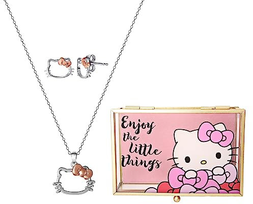 Hello Kitty 925 TT PLT STUD, CHARM W/CHAIN & GLASS BOX SET
