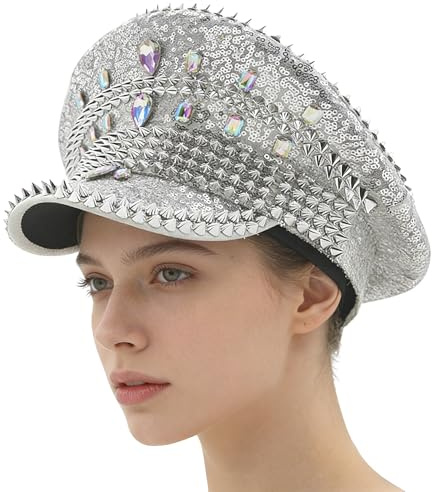 UTOWO Glitzernde Pailletten-Brauthut, Junggesellinnenabschied, Kapitänskappen, Strass, Junggesellinnenabschied, Steampunk-Militärhut für Damen