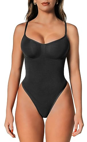 herslims Tummy Control Bodysuit for Women, Black Thong, S/M