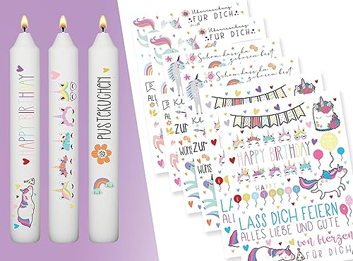 Sugeru® 6 PCS kerzenfolie(200+ Muster) DIN A5, Kerzentattoo Wassertransferdruck|wasserschiebefolie kerzen dekorieren| kerzenaufkleber sticker|Sprüche,ostern,Happy Birthday(Geburtstagsthema - Einhorn)