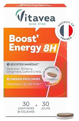 Vitavea - Booster Energie Immédiate et Prolongée Action 8H - Réduit la Fatigue - Guarana, Ginseng, Caféine, Vitamine C, Vitamines B12 et B2, Fer - 30 comprimés - 30 jours - Fabriqué en France