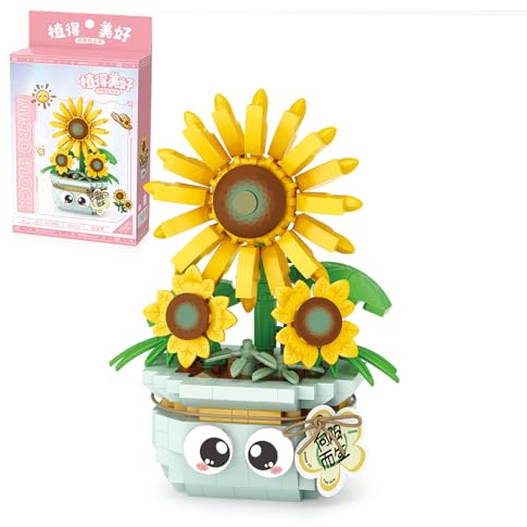 MEIEST Mini flor suculenta bonsái, ladrillos de construcción, maceta planta flor colección botánica construcción ladrillo juguete, decoración del hogar (girasol)