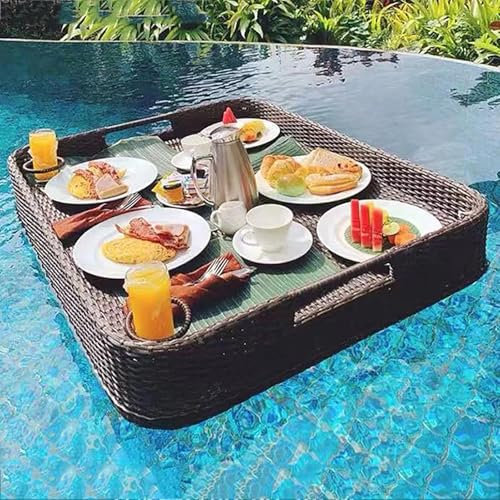 FZSERUN Schwimmender Tabletttisch FüR Den Swimmingpool, Serviertablett Aus Geflochtenem Rattan, Schwimmendes FrüHstüCkstablett Auf Dem Wasser, Mit Griffen,02,C100*60 * 20cm