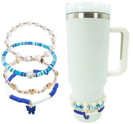 Bracelets for Stanley Cup Accessories, 4Pcs Bracelet Stack Charms for 30oz & 40oz Tumbler With Handle, Delicate Beads Charm Attachments for Decorations, M, Polymer Clay, imitation pearl