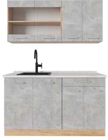 Vicco Single küche R-Line, Küchenzeile Single, Beton/Goldkraft Eiche, 140 cm, AP Marmor