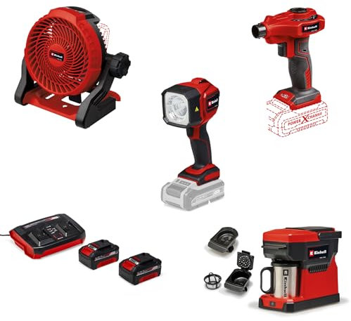 Einhell Camping-Set Power X-Change (18 V, inkl. Luftpumpe, Kaffeemaschine, Lampe, Ventilator, 2x 4,0 Ah Akku, Ladegerät)